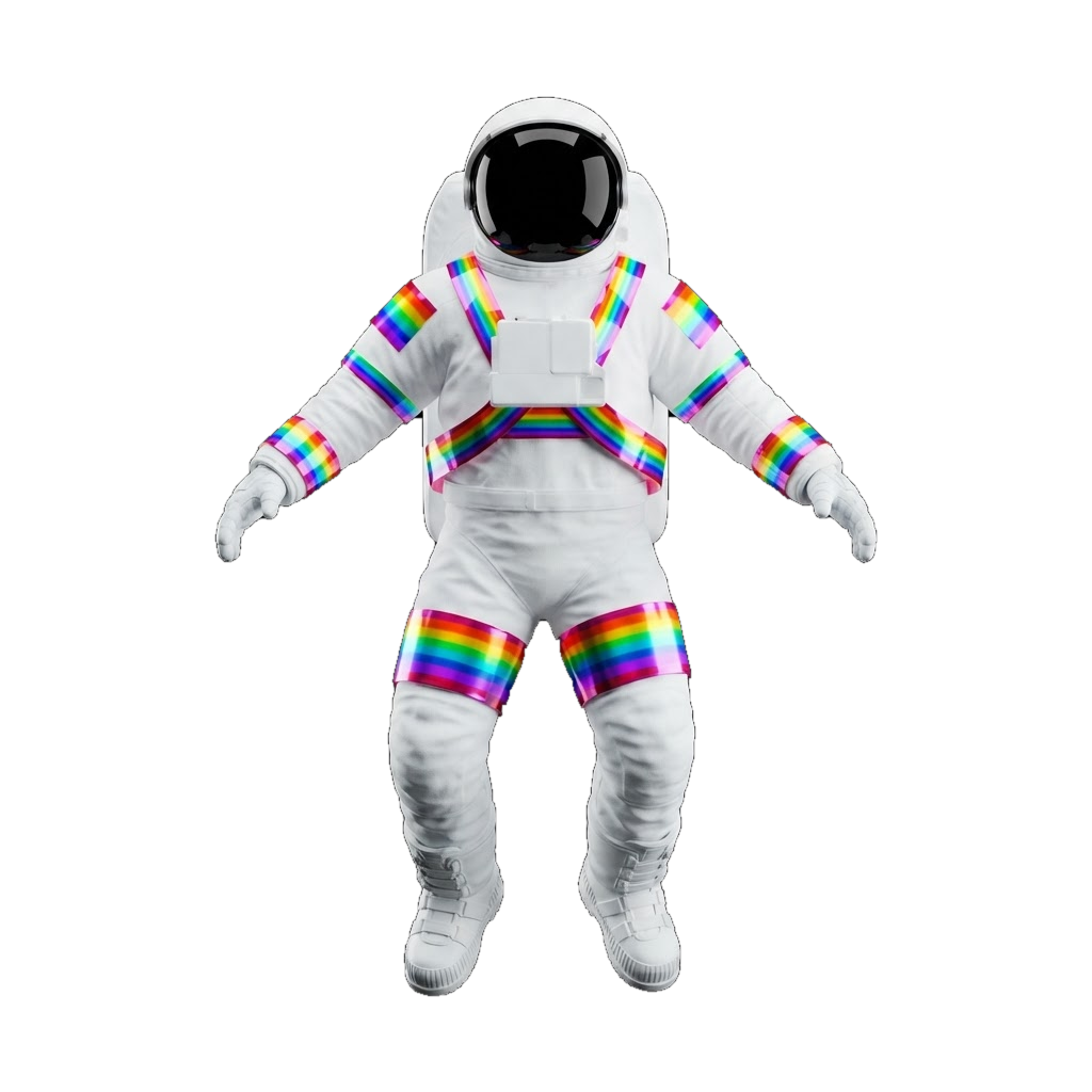 Pride astronaut floating in space: a white spacesuit banded with iridescent rainbow straps at the shoulders, arms and thighs, with a mirrored black visor.